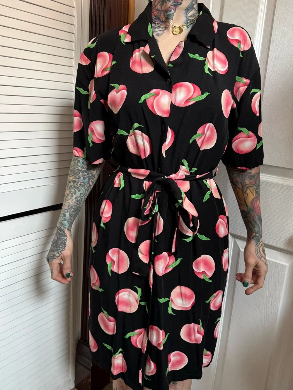 Dangerfield Black Peach-Print Tie-Waist Mini Dress Sz 6